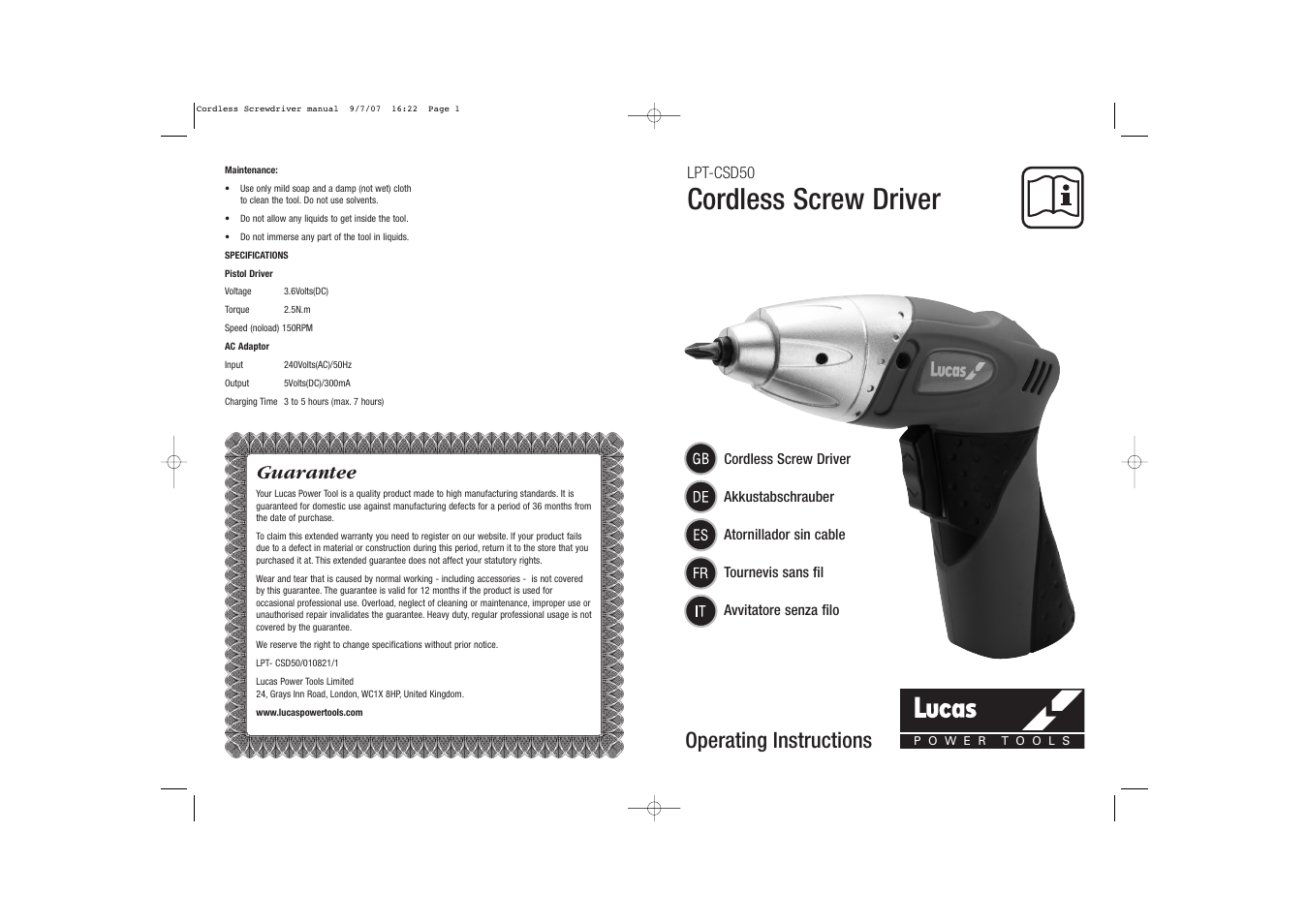 Lucas Industries LPT-CSD50 User Manual | 2 pages