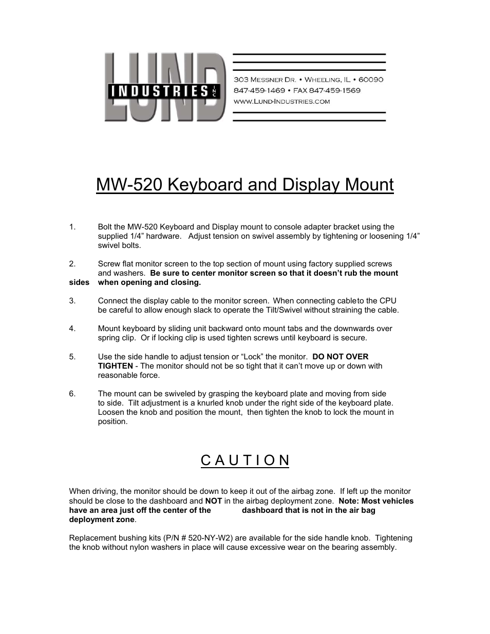 Lund Industries Instructions MW520 User Manual | 1 page