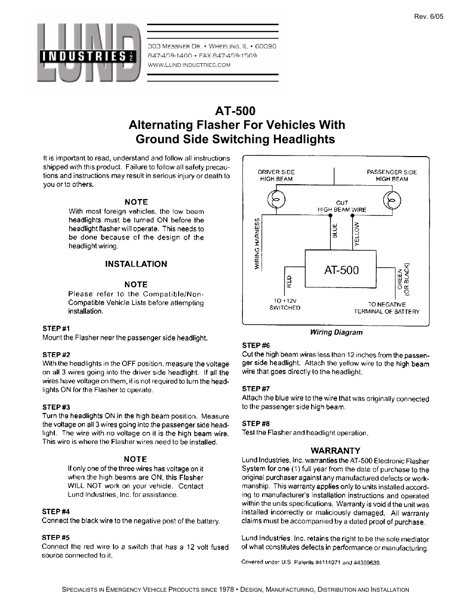 Lund Industries Headlight Flasher AT-500 User Manual | 2 pages