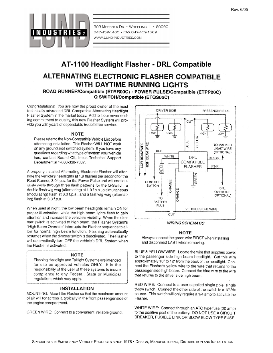 Lund Industries AT-1100 User Manual | 2 pages