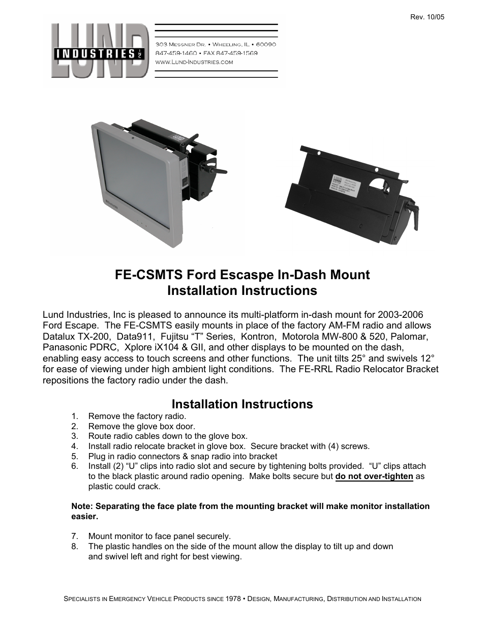 Lund Industries FE-CSMTS User Manual | 1 page