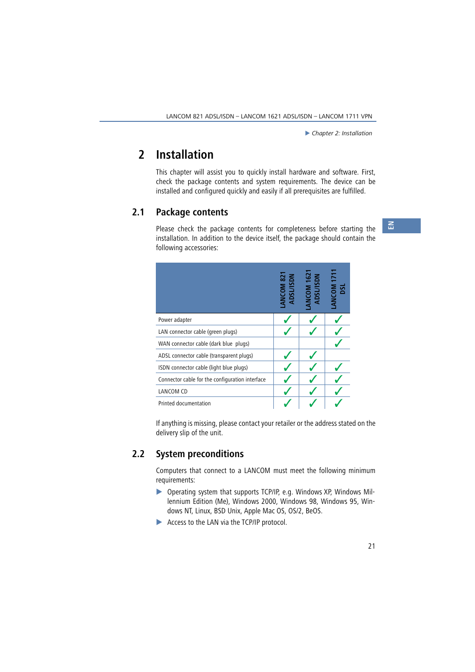 2 installation, 1 package contents, 2 system preconditions | Installation, Package contents, System preconditions | Lancom Systems 821 User Manual | Page 21 / 82