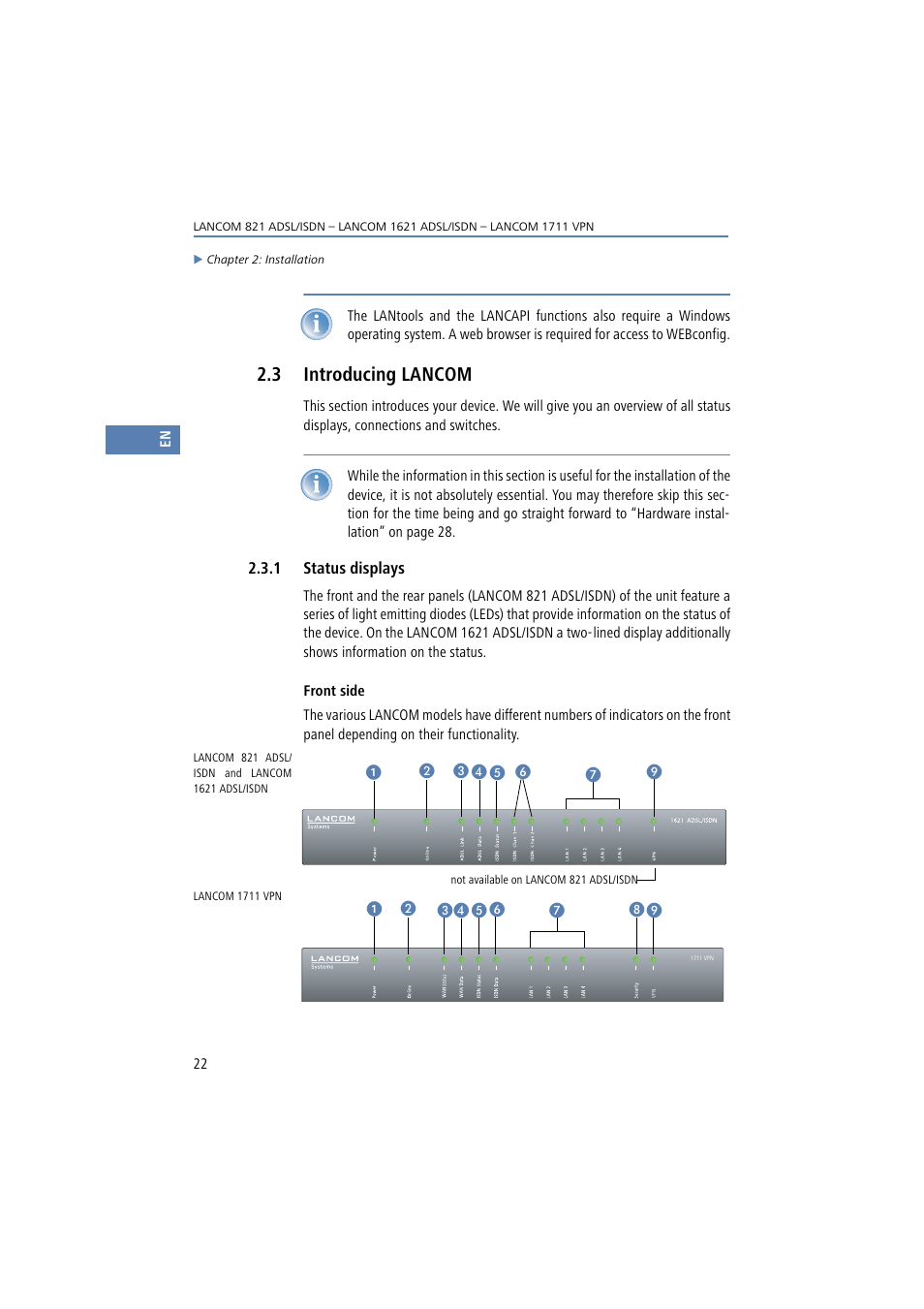 3 introducing lancom, 1 status displays, Introducing lancom | Lancom Systems 821 User Manual | Page 22 / 82