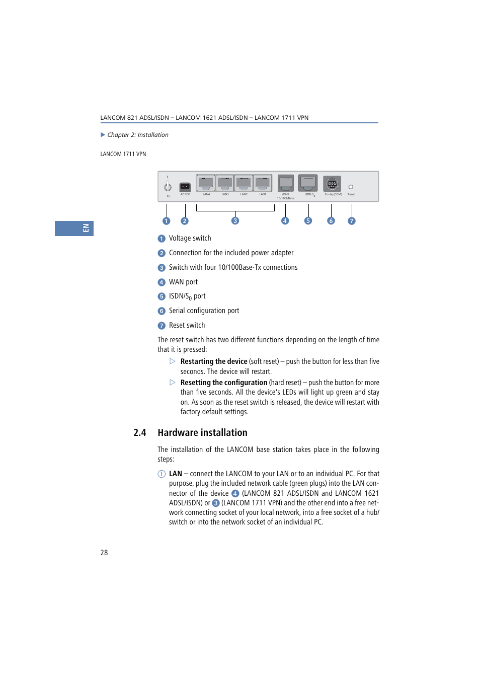 4 hardware installation, Hardware installation | Lancom Systems 821 User Manual | Page 28 / 82