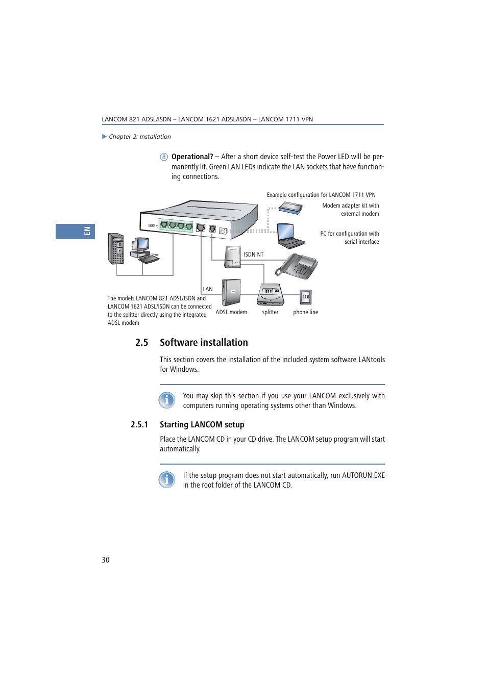 5 software installation, 1 starting lancom setup, Software installation | Lancom Systems 821 User Manual | Page 30 / 82