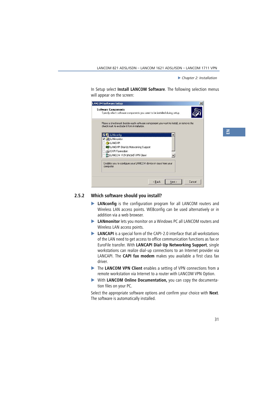 2 which software should you install | Lancom Systems 821 User Manual | Page 31 / 82