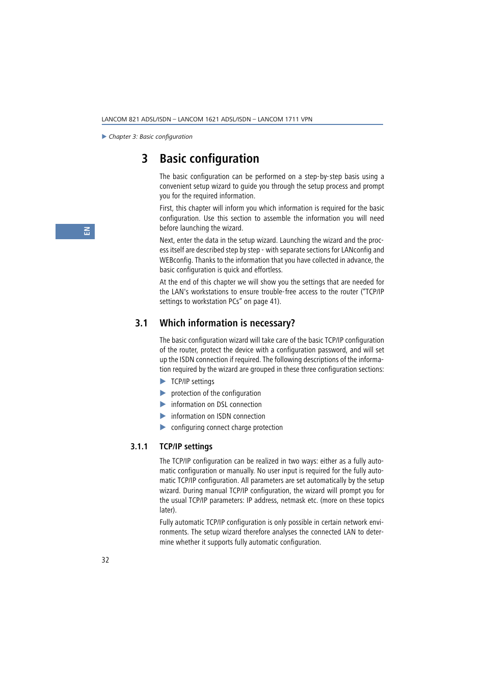 3 basic configuration, 1 which information is necessary, 1 tcp/ip settings | Basic configuration, Which information is necessary | Lancom Systems 821 User Manual | Page 32 / 82