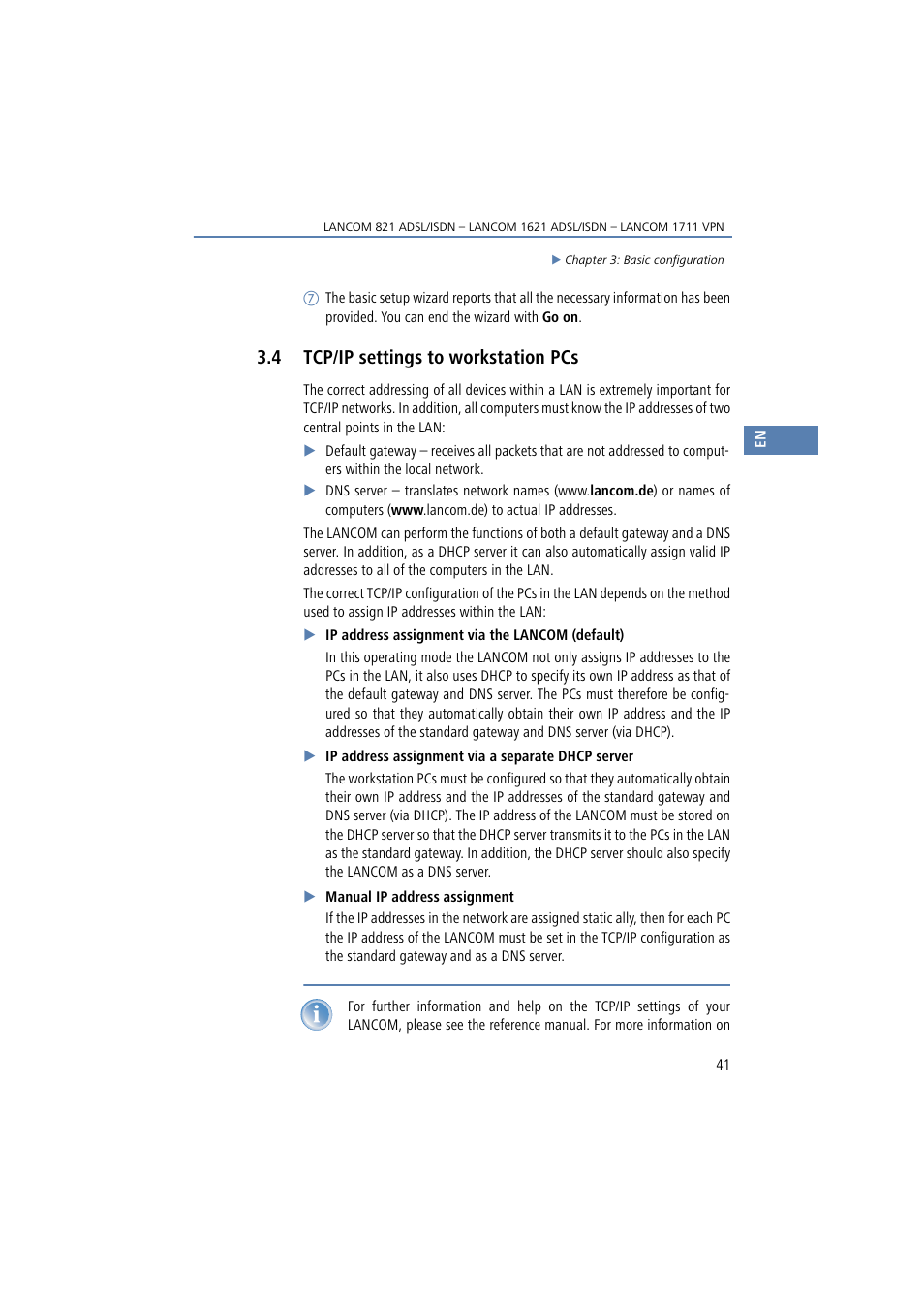 4 tcp/ip settings to workstation pcs, Tcp/ip settings to workstation pcs | Lancom Systems 821 User Manual | Page 41 / 82