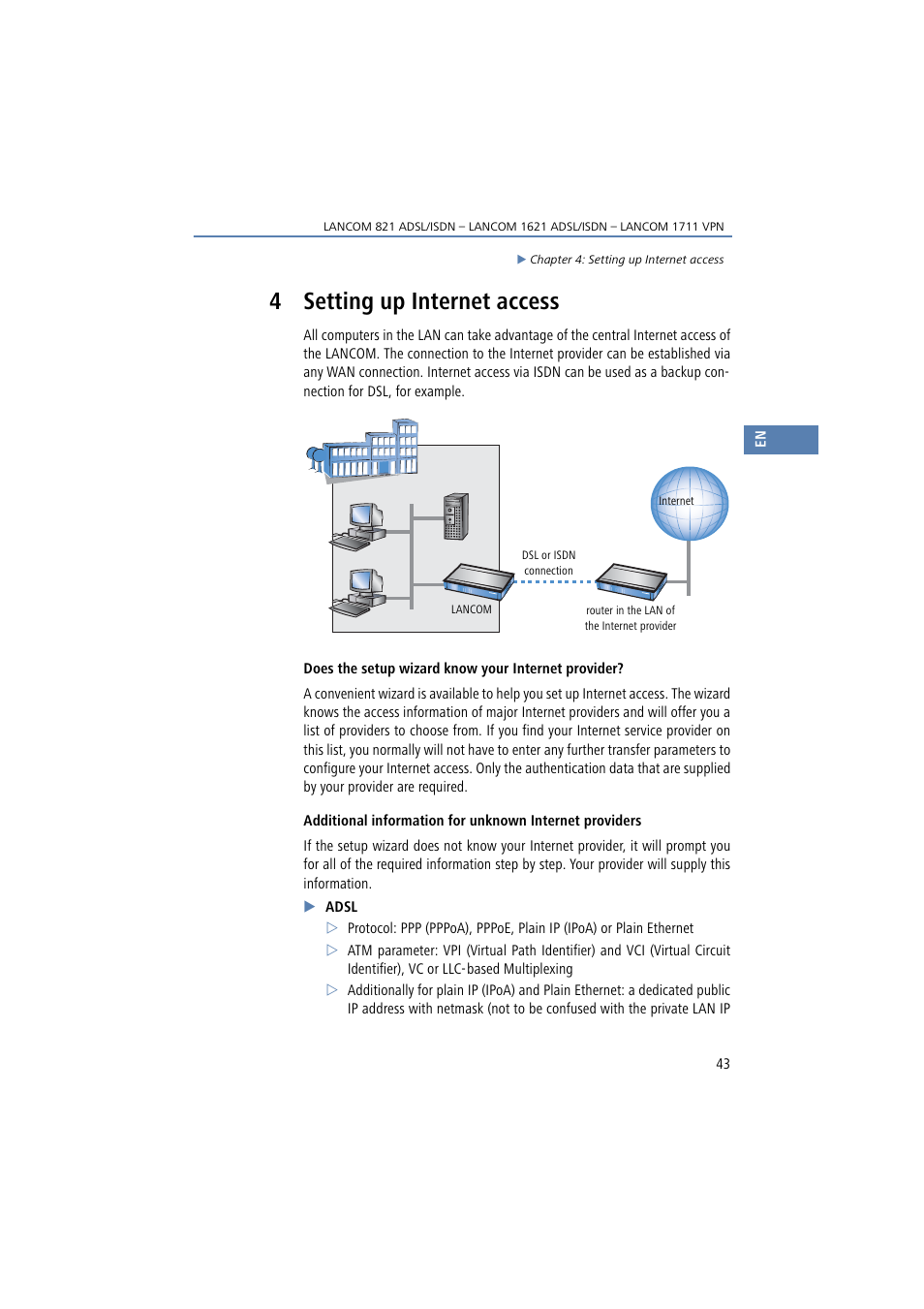 4 setting up internet access, Setting up internet access | Lancom Systems 821 User Manual | Page 43 / 82