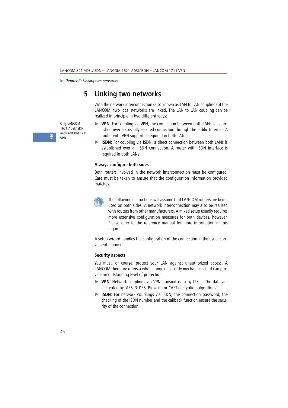 5 linking two networks, Linking two networks | Lancom Systems 821 User Manual | Page 46 / 82