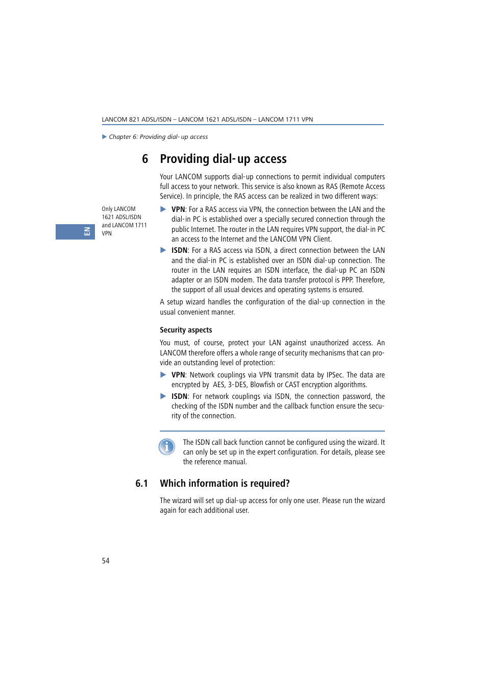 6 providing dial-up access, 1 which information is required, Providing dial-up access | Which information is required, 6 providing dial- up access | Lancom Systems 821 User Manual | Page 54 / 82