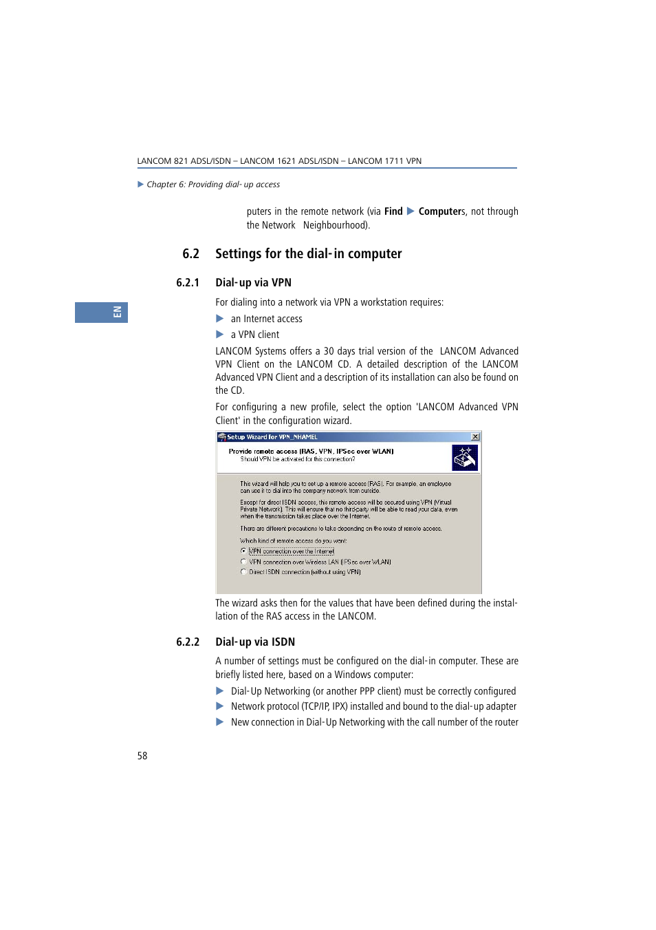 2 settings for the dial-in computer, 1 dial-up via vpn, 2 dial-up via isdn | Settings for the dial-in computer, 2 settings for the dial- in computer | Lancom Systems 821 User Manual | Page 58 / 82