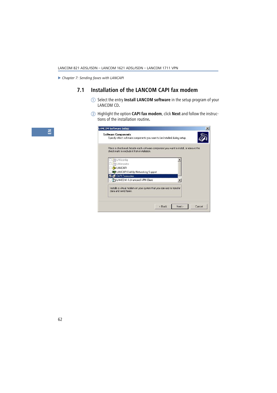 1 installation of the lancom capi fax modem, Installation of the lancom | Lancom Systems 821 User Manual | Page 62 / 82