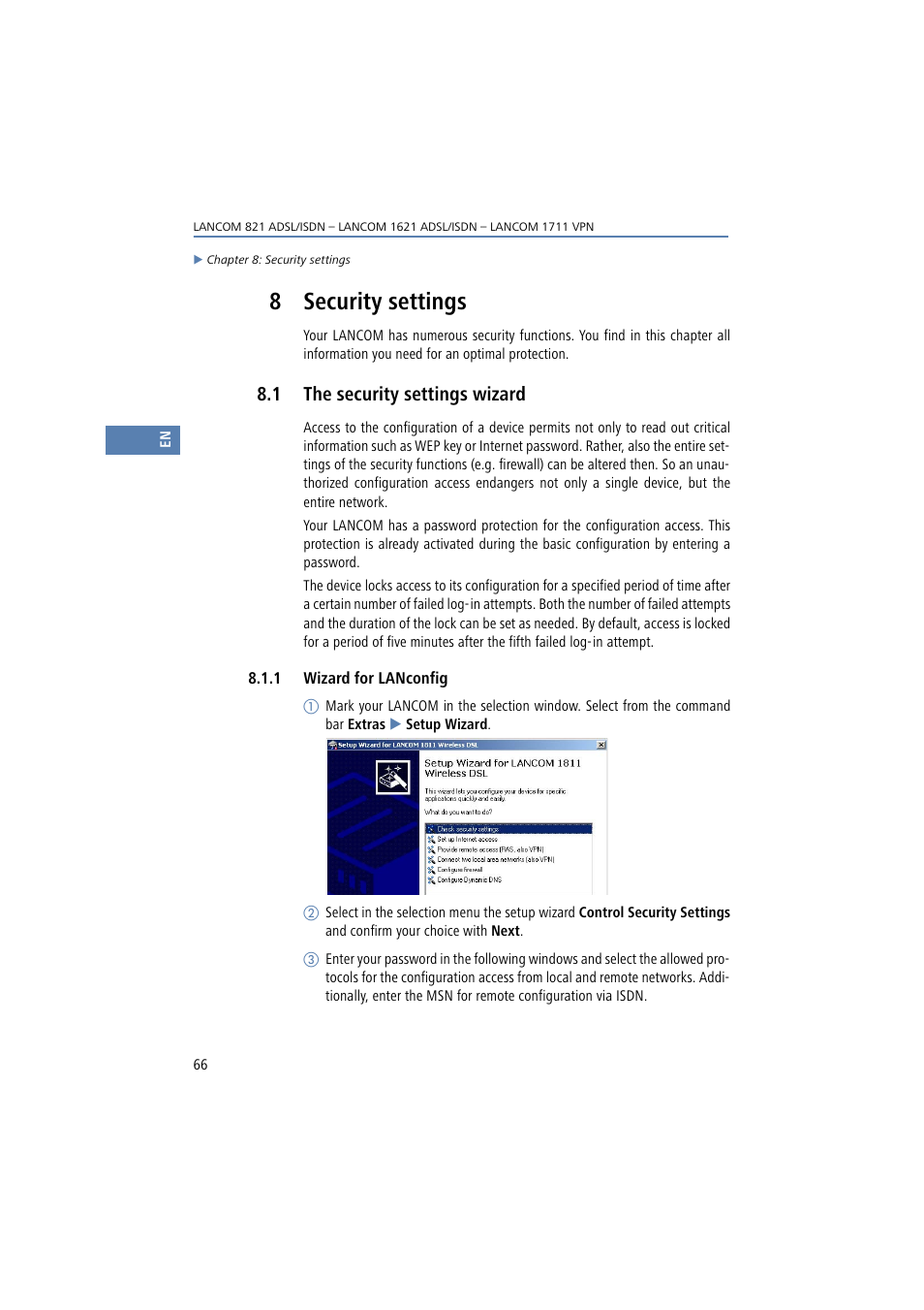 8 security settings, 1 the security settings wizard, 1 wizard for lanconfig | Security settings, The security settings wizard | Lancom Systems 821 User Manual | Page 66 / 82