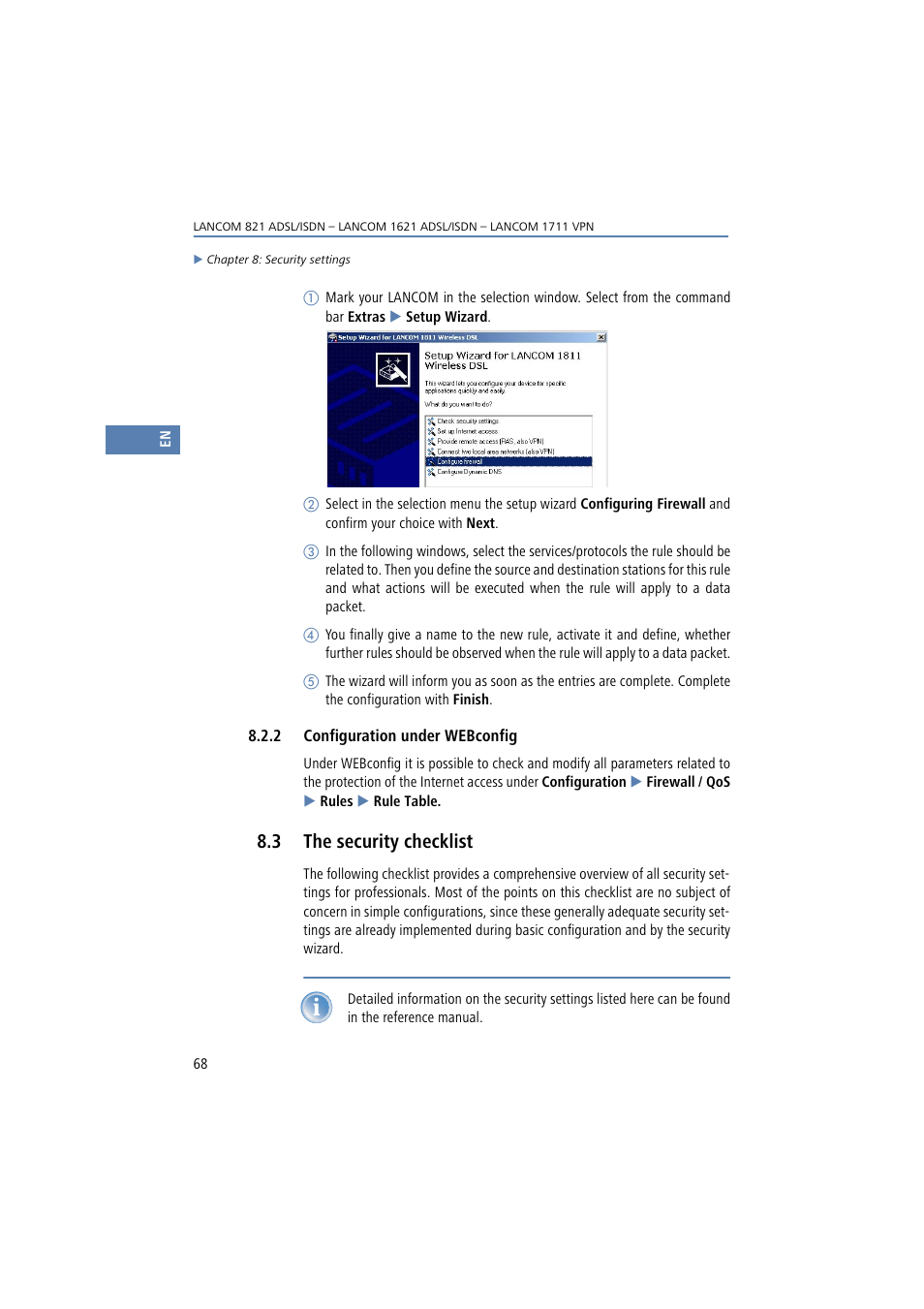 2 configuration under webconfig, 3 the security checklist, Configuration under webconfig | The security checklist | Lancom Systems 821 User Manual | Page 68 / 82