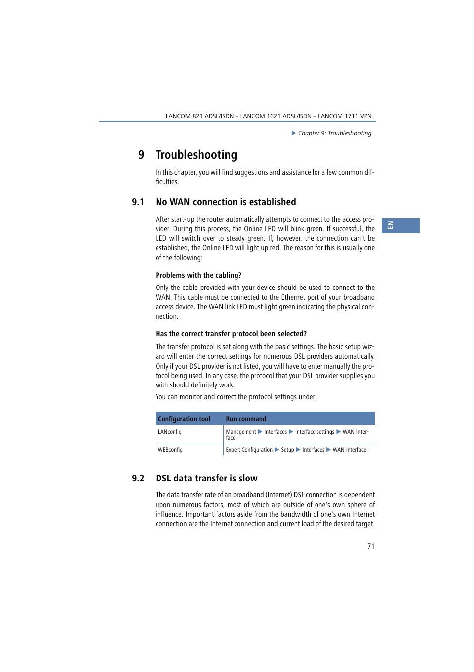 9 troubleshooting, 1 no wan connection is established, 2 dsl data transfer is slow | Troubleshooting, No wan connection is established, Dsl data transfer is slow | Lancom Systems 821 User Manual | Page 71 / 82