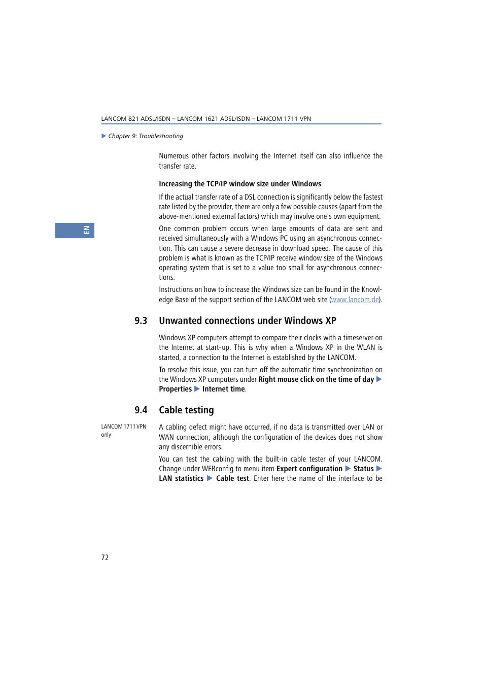 3 unwanted connections under windows xp, 4 cable testing, Unwanted connections under windows xp | Cable testing | Lancom Systems 821 User Manual | Page 72 / 82