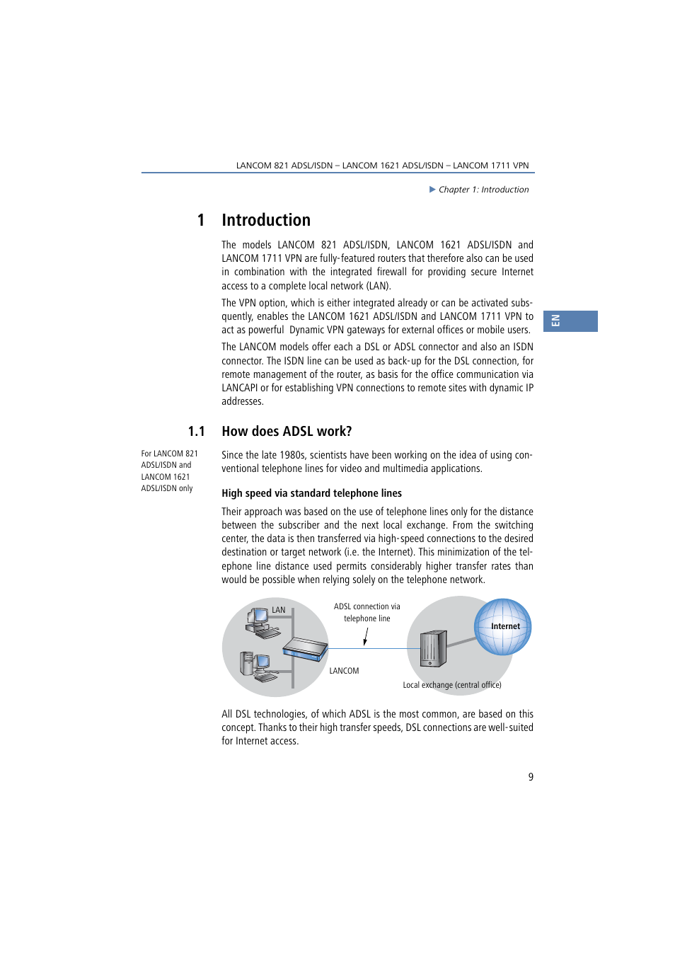 1 introduction, 1 how does adsl work, Introduction | How does adsl work | Lancom Systems 821 User Manual | Page 9 / 82