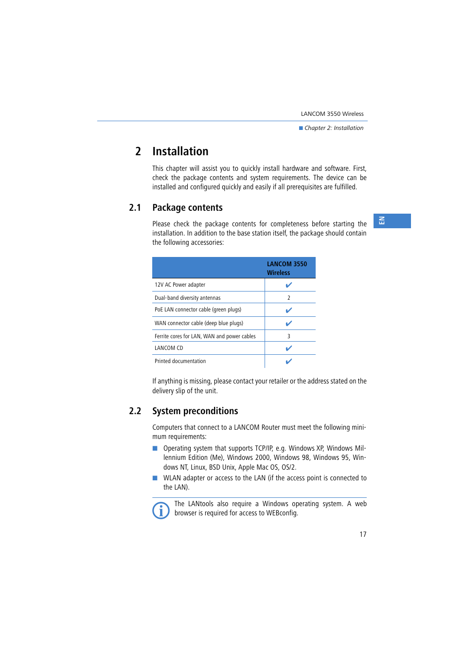 2 installation, 1 package contents, 2 system preconditions | Lancom Systems 3550 User Manual | Page 17 / 81
