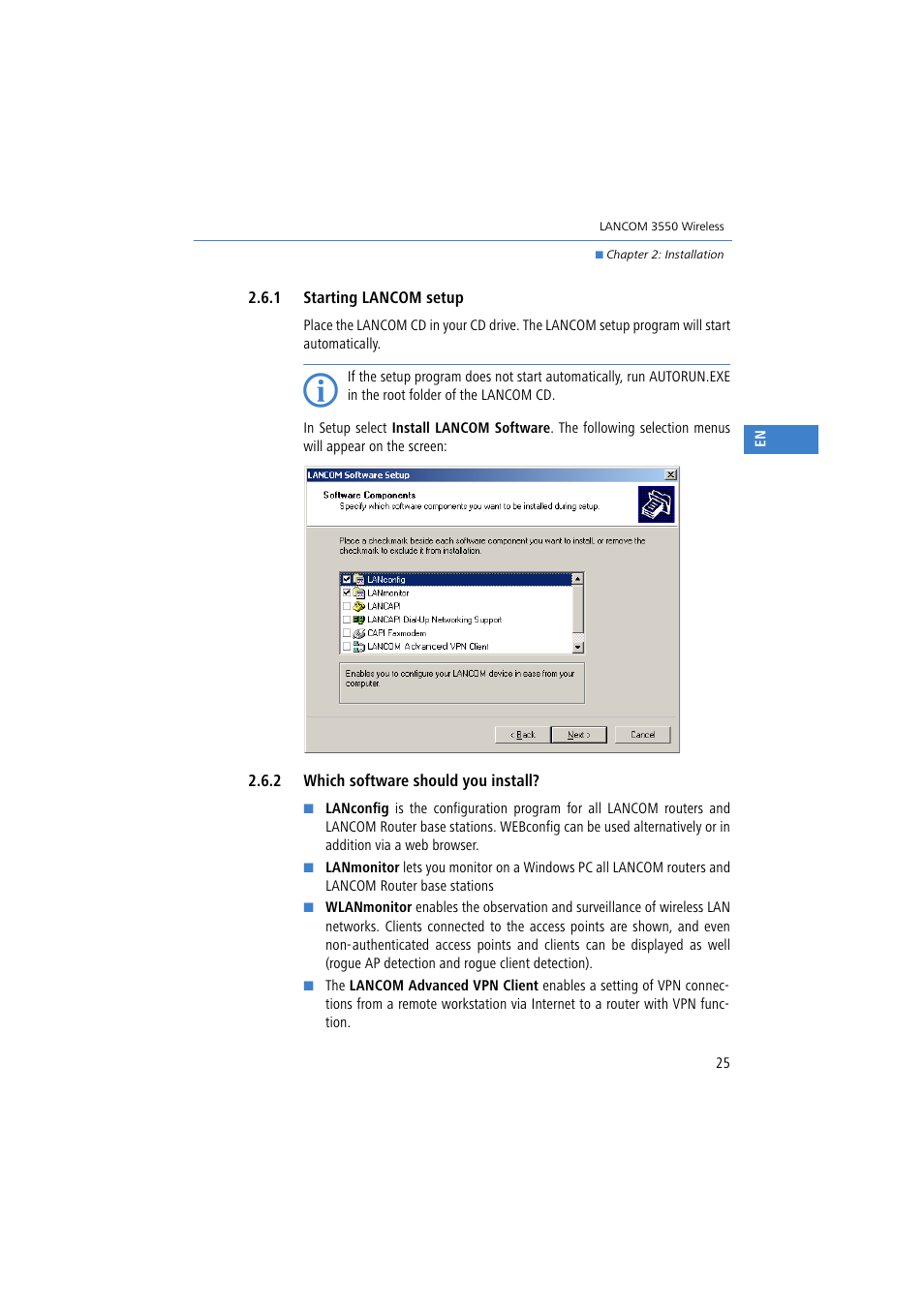 1 starting lancom setup, 2 which software should you install | Lancom Systems 3550 User Manual | Page 25 / 81