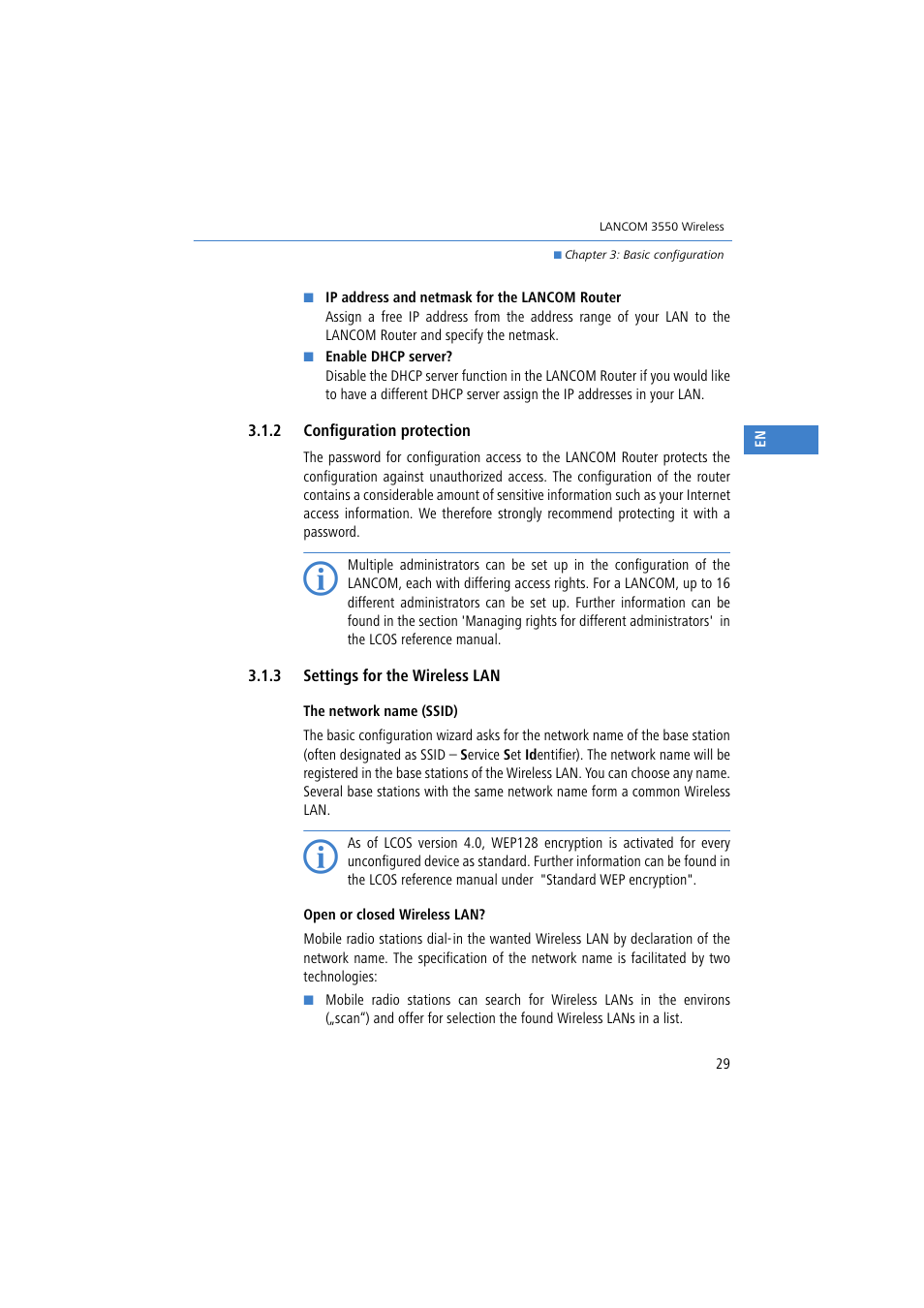 2 configuration protection, 3 settings for the wireless lan | Lancom Systems 3550 User Manual | Page 29 / 81