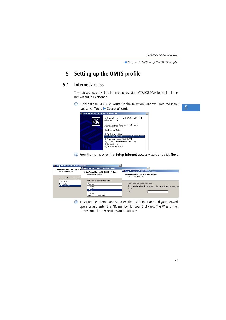 5 setting up the umts profile, 1 internet access | Lancom Systems 3550 User Manual | Page 41 / 81