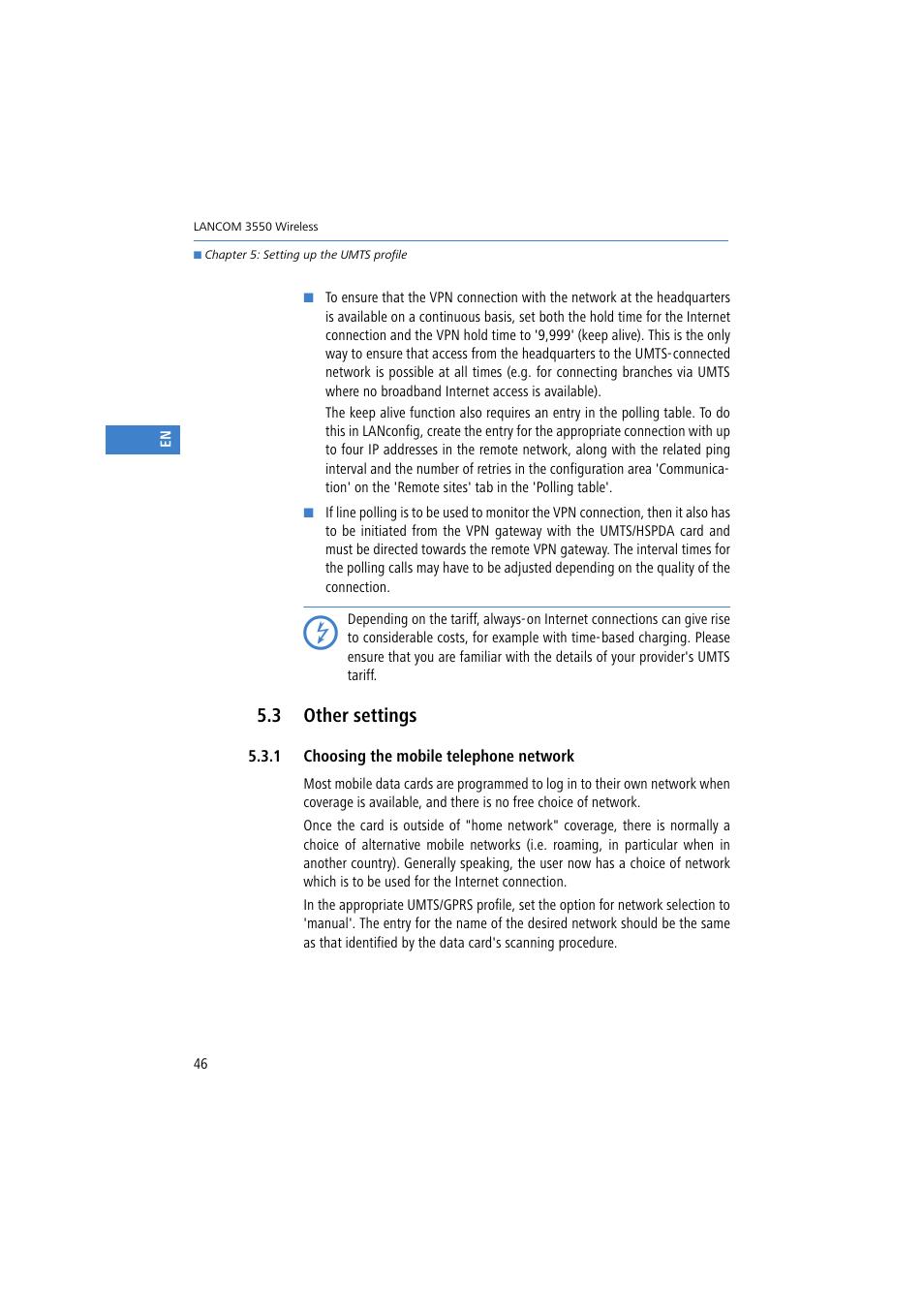 3 other settings, 1 choosing the mobile telephone network | Lancom Systems 3550 User Manual | Page 46 / 81