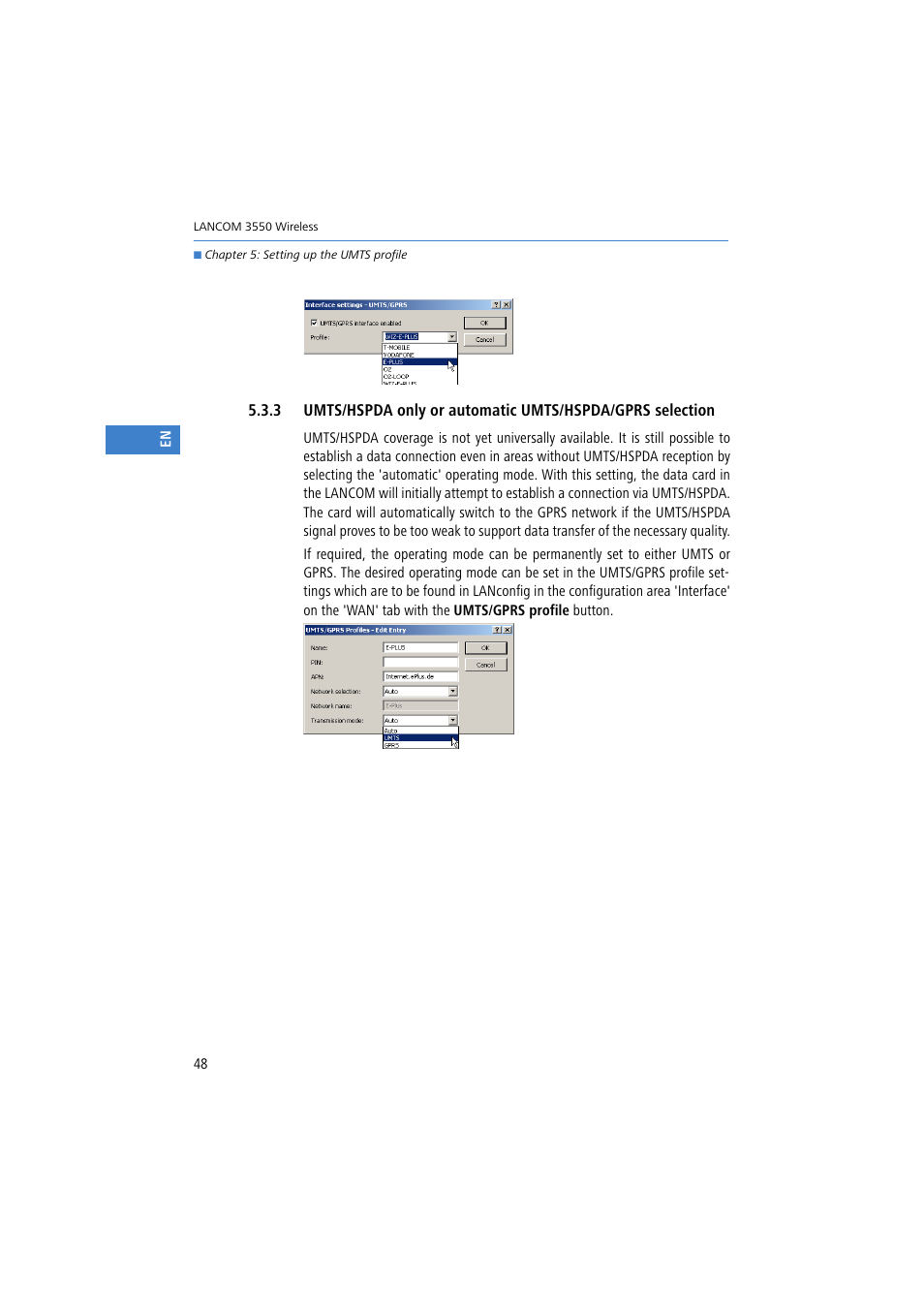 3 umts/hspda only or automatic umts/hspda/gprs, Selection | Lancom Systems 3550 User Manual | Page 48 / 81