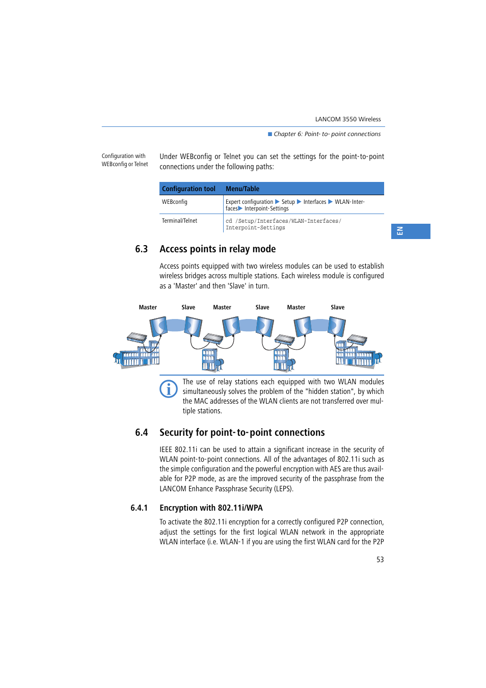3 access points in relay mode, 4 security for point-to-point connections, 1 encryption with 802.11i/wpa | 4 security for point- to-point connections | Lancom Systems 3550 User Manual | Page 53 / 81