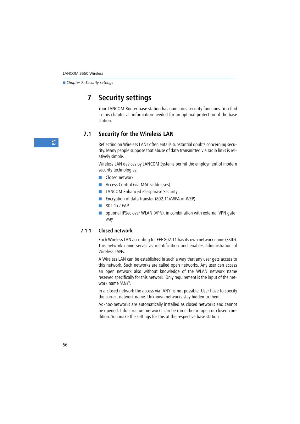 7 security settings, 1 security for the wireless lan, 1 closed network | Lancom Systems 3550 User Manual | Page 56 / 81
