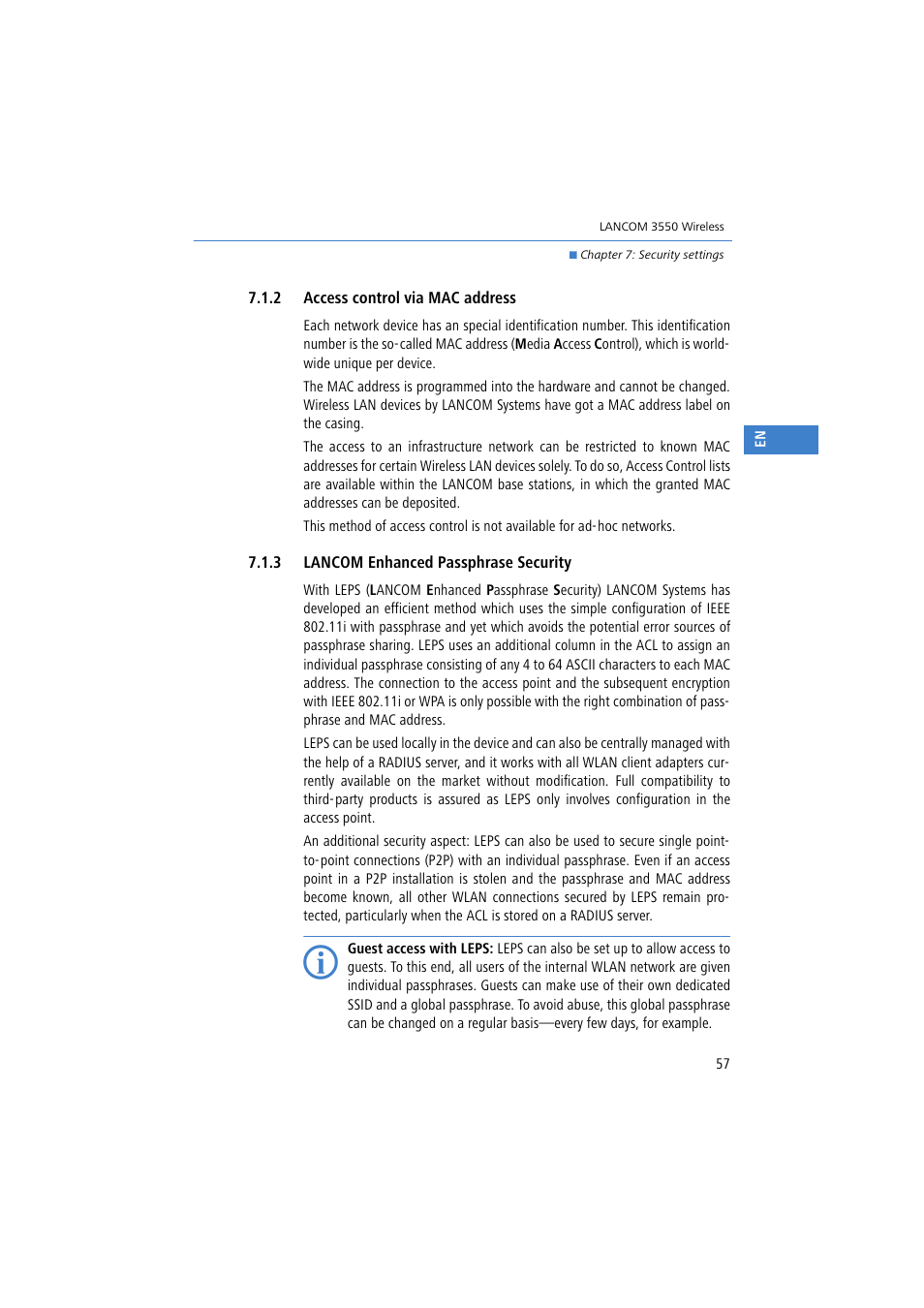2 access control via mac address, 3 lancom enhanced passphrase security | Lancom Systems 3550 User Manual | Page 57 / 81