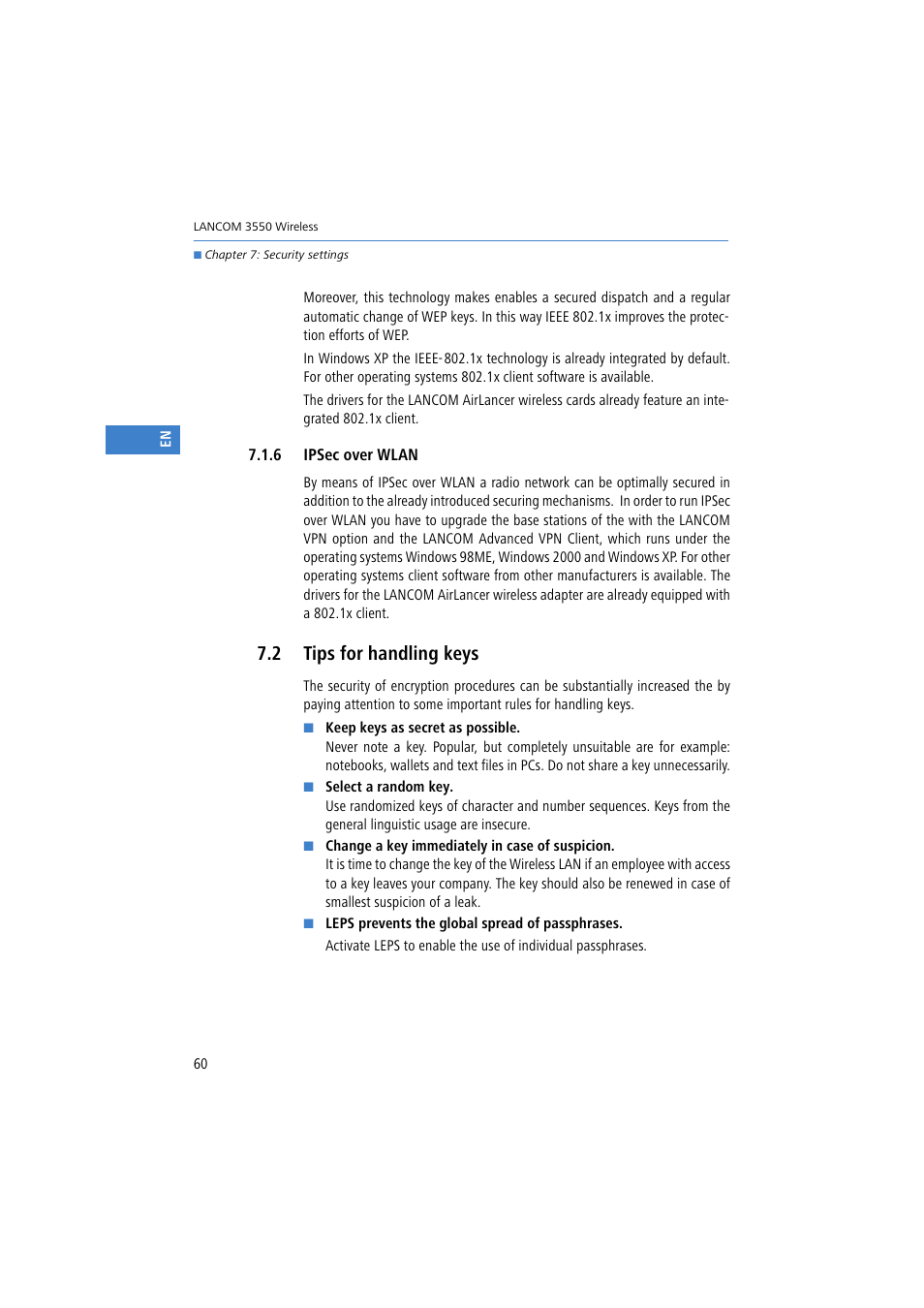 6 ipsec over wlan, 2 tips for handling keys | Lancom Systems 3550 User Manual | Page 60 / 81