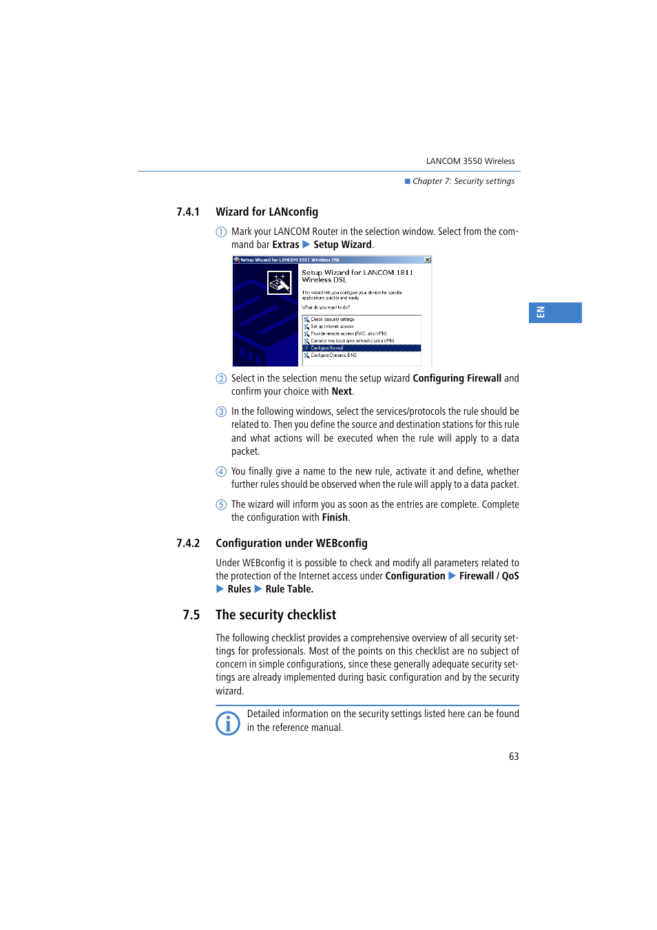 1 wizard for lanconfig, 2 configuration under webconfig, 5 the security checklist | Lancom Systems 3550 User Manual | Page 63 / 81