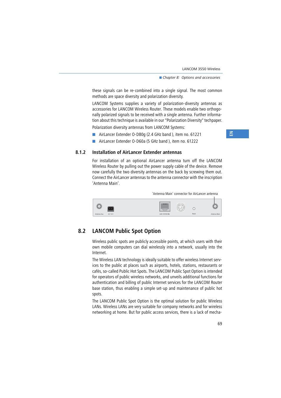 2 installation of airlancer extender antennas, 2 lancom public spot option | Lancom Systems 3550 User Manual | Page 69 / 81