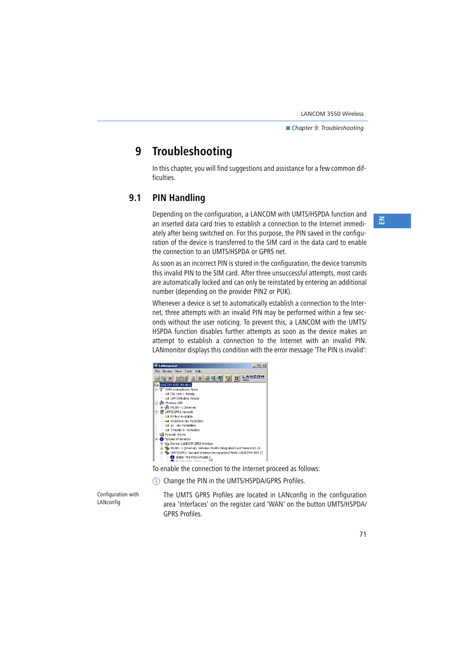 9 troubleshooting, 1 pin handling | Lancom Systems 3550 User Manual | Page 71 / 81