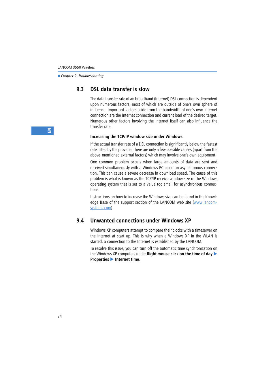 3 dsl data transfer is slow, 4 unwanted connections under windows xp | Lancom Systems 3550 User Manual | Page 74 / 81