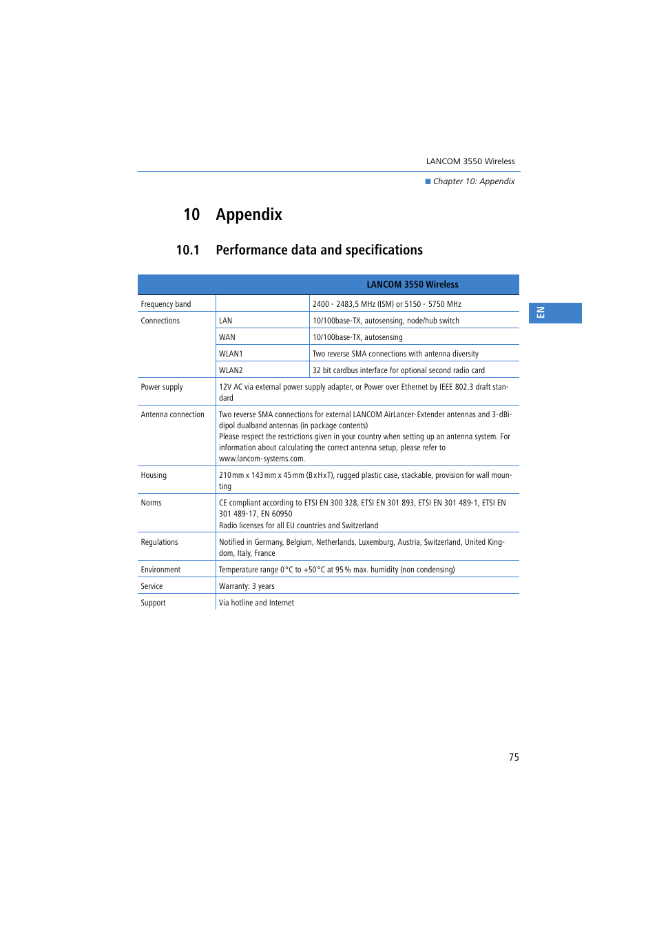 10 appendix, 1 performance data and specifications | Lancom Systems 3550 User Manual | Page 75 / 81