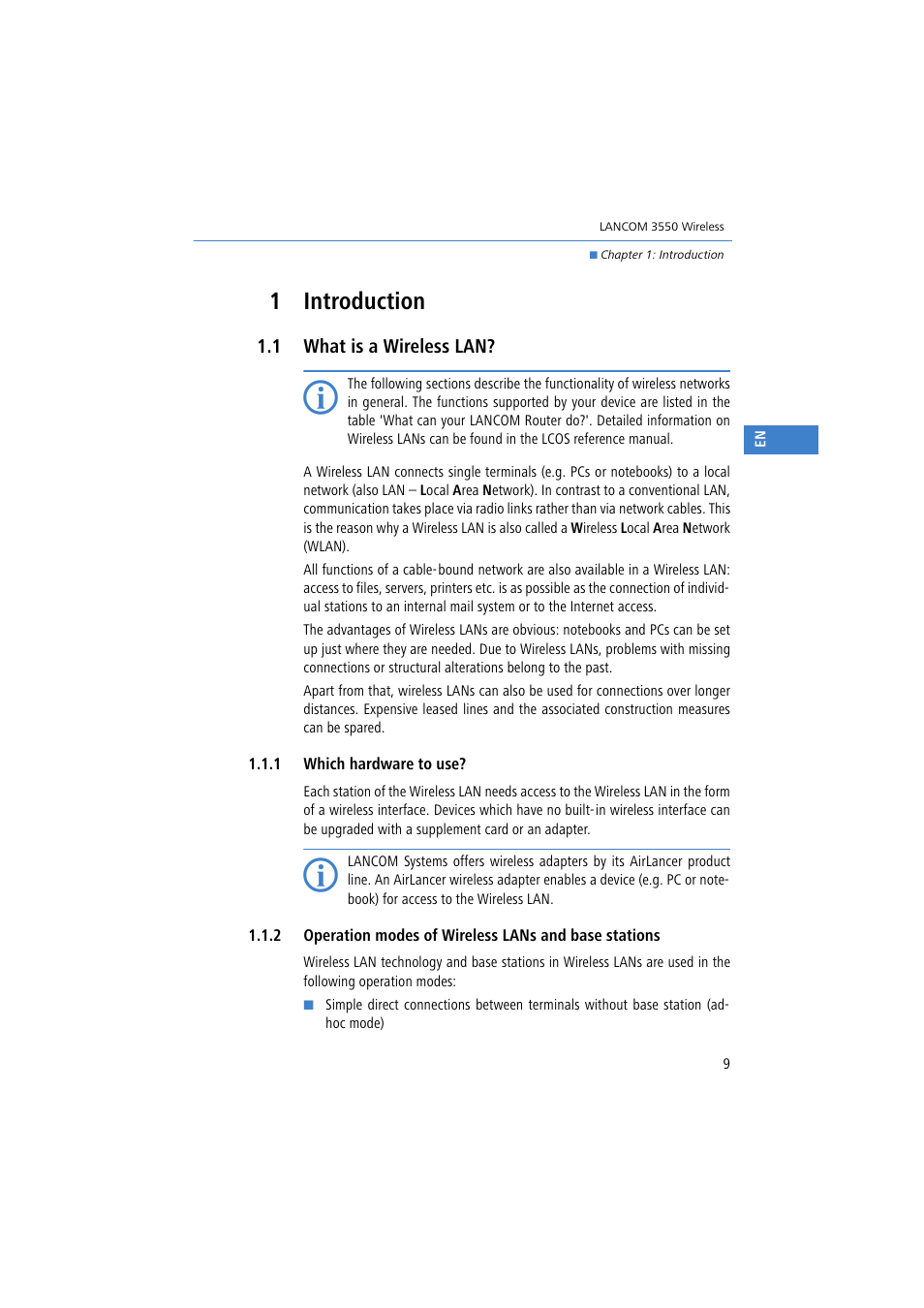 1 introduction, 1 what is a wireless lan, 1 which hardware to use | Lancom Systems 3550 User Manual | Page 9 / 81