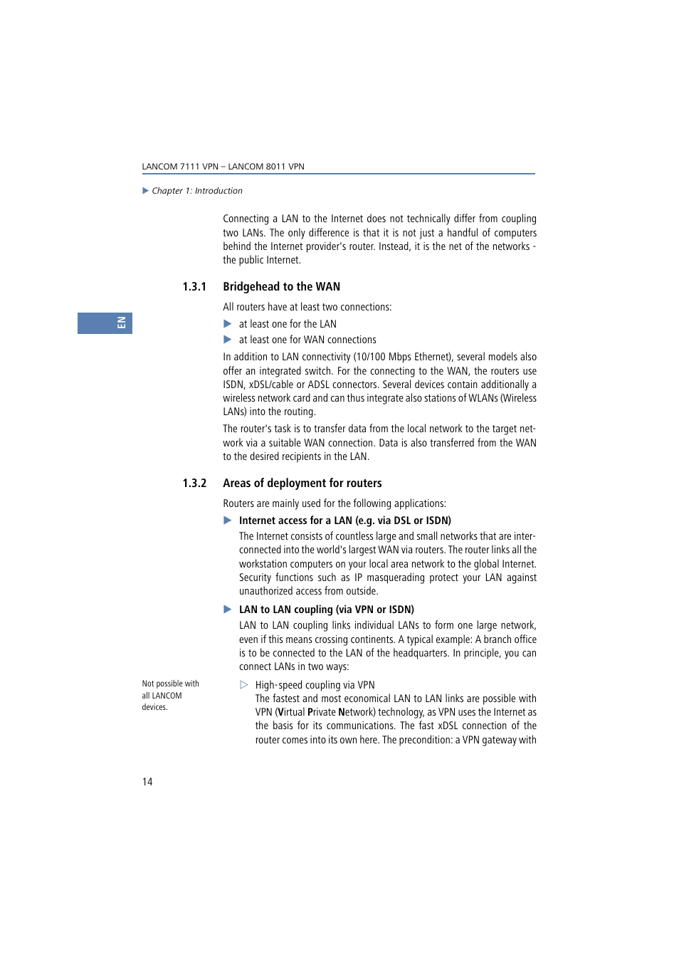 1 bridgehead to the wan, 2 areas of deployment for routers | Lancom Systems 7111 VPN User Manual | Page 14 / 77