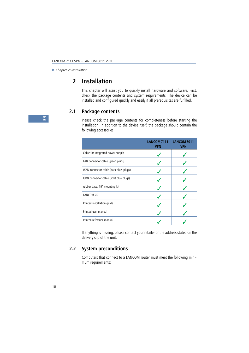2 installation, 1 package contents, 2 system preconditions | Lancom Systems 7111 VPN User Manual | Page 18 / 77