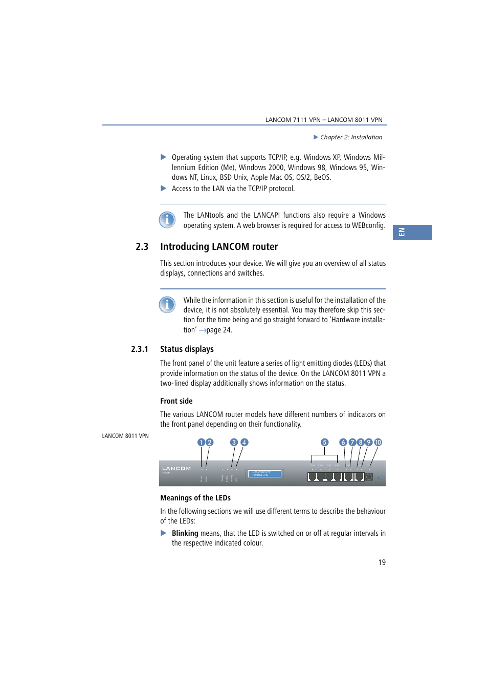 3 introducing lancom router, 1 status displays, º¾ µ | Lancom Systems 7111 VPN User Manual | Page 19 / 77
