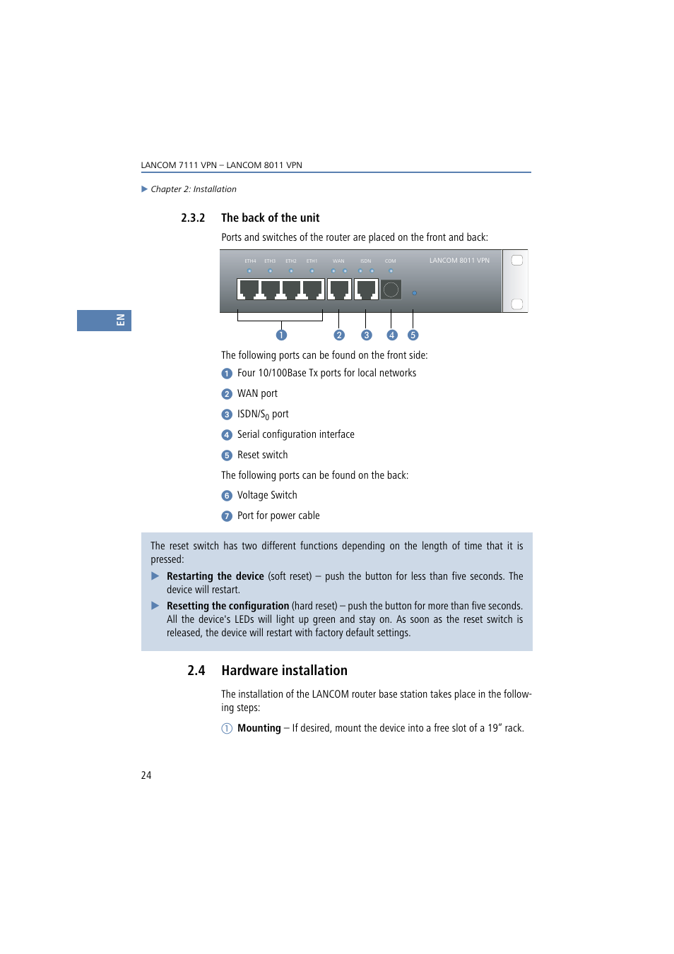 2 the back of the unit, 4 hardware installation | Lancom Systems 7111 VPN User Manual | Page 24 / 77