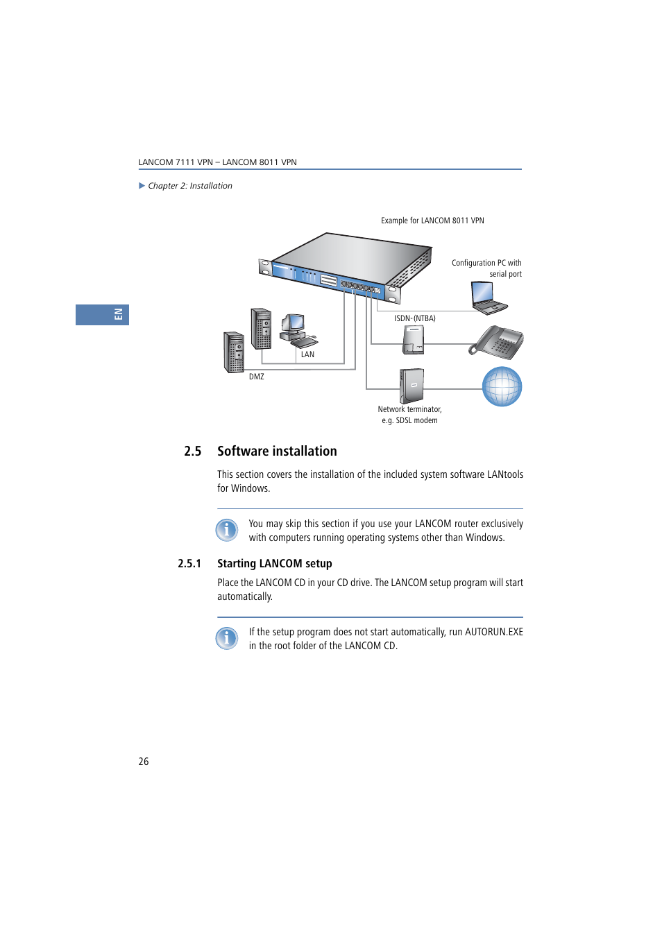 5 software installation, 1 starting lancom setup | Lancom Systems 7111 VPN User Manual | Page 26 / 77