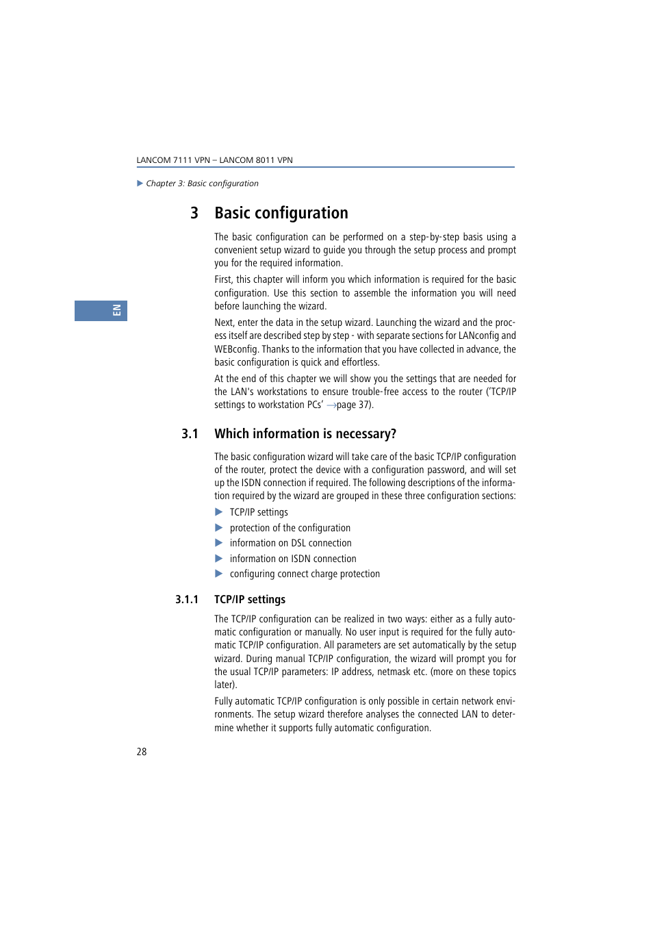 3 basic configuration, 1 which information is necessary, 1 tcp/ip settings | Lancom Systems 7111 VPN User Manual | Page 28 / 77