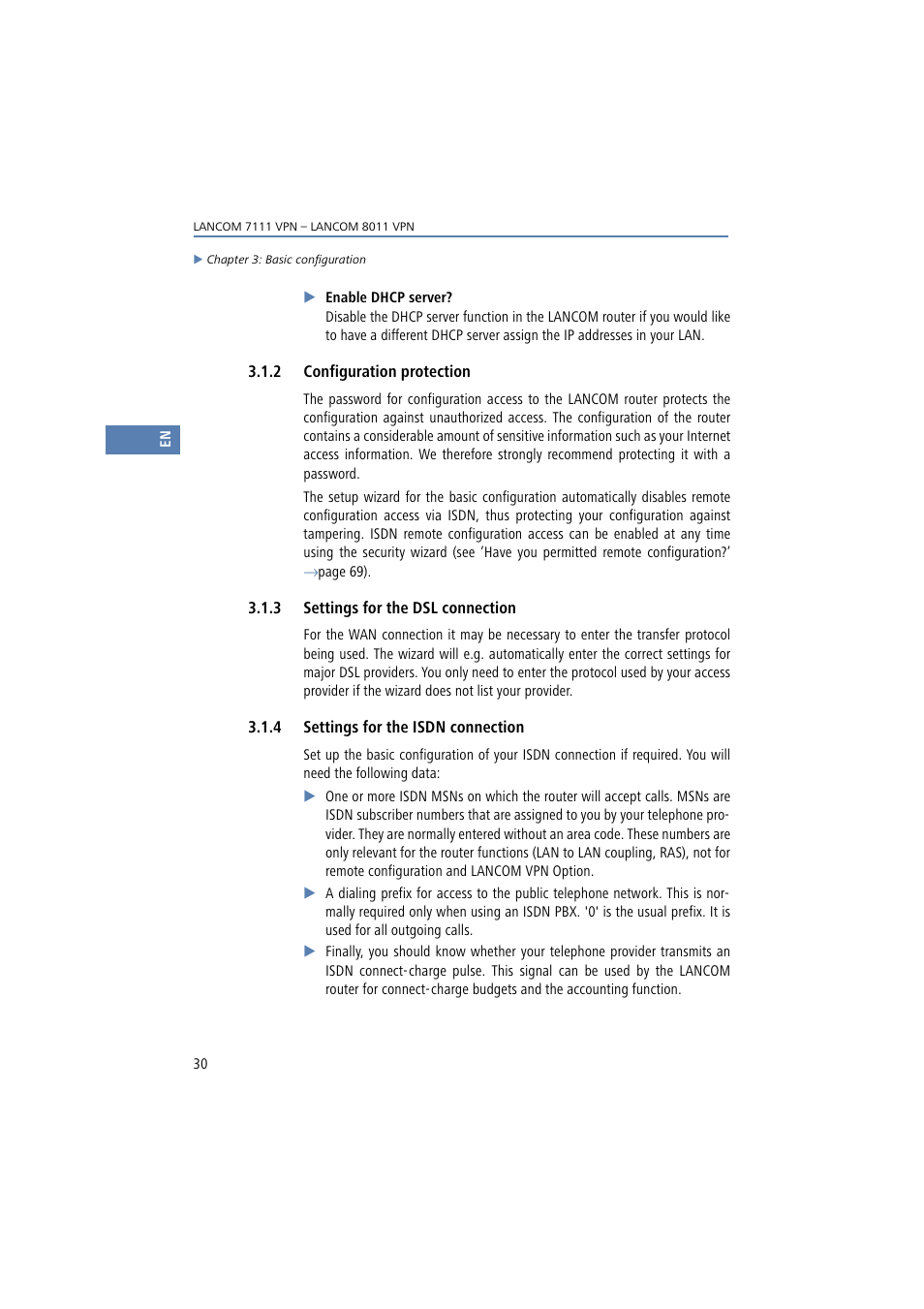 2 configuration protection, 3 settings for the dsl connection, 4 settings for the isdn connection | Lancom Systems 7111 VPN User Manual | Page 30 / 77