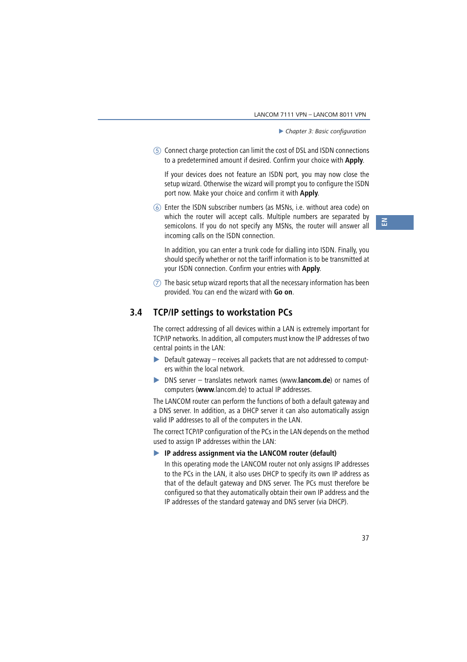 4 tcp/ip settings to workstation pcs | Lancom Systems 7111 VPN User Manual | Page 37 / 77