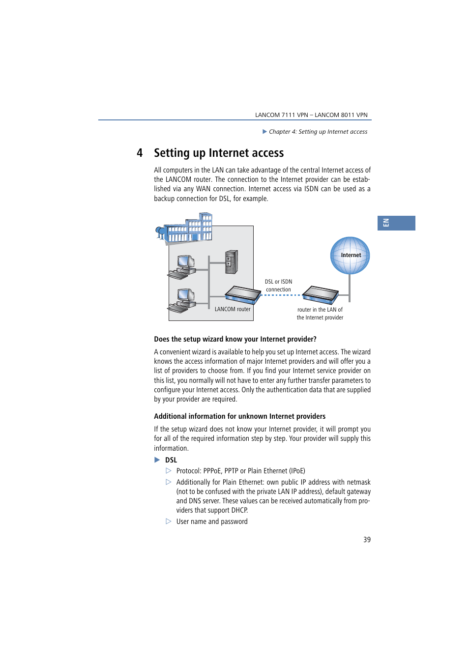 4 setting up internet access | Lancom Systems 7111 VPN User Manual | Page 39 / 77