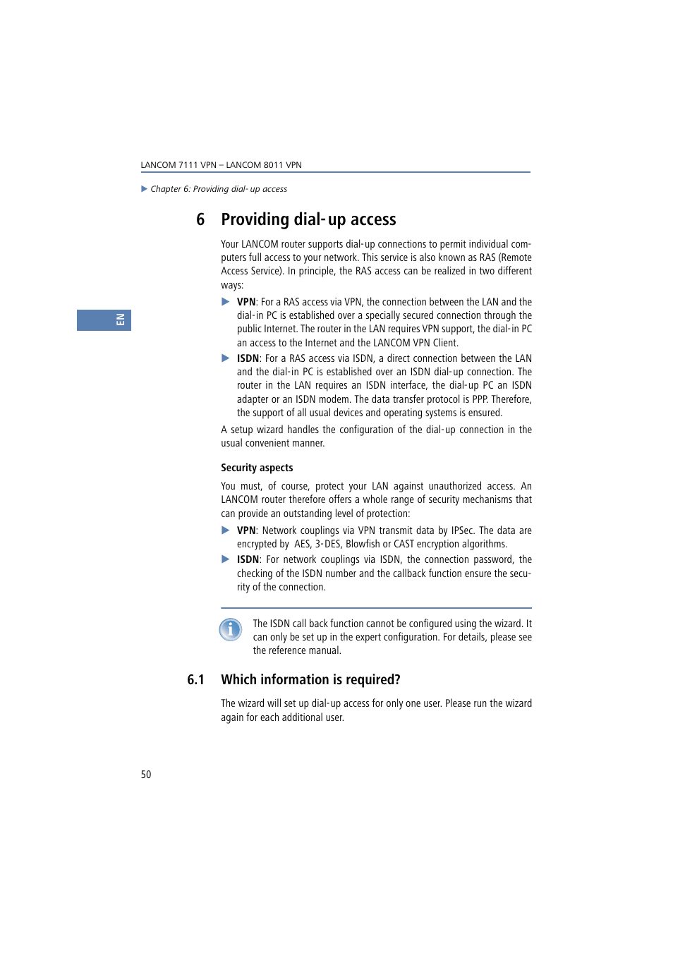 6 providing dial-up access, 1 which information is required, 6 providing dial- up access | Lancom Systems 7111 VPN User Manual | Page 50 / 77