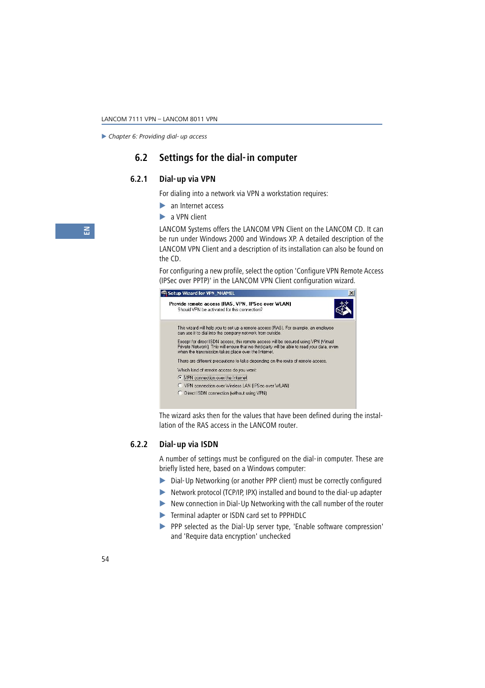 2 settings for the dial-in computer, 1 dial-up via vpn, 2 dial-up via isdn | 2 settings for the dial- in computer | Lancom Systems 7111 VPN User Manual | Page 54 / 77