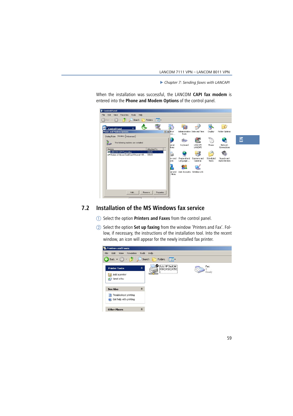2 installation of the ms windows fax service | Lancom Systems 7111 VPN User Manual | Page 59 / 77
